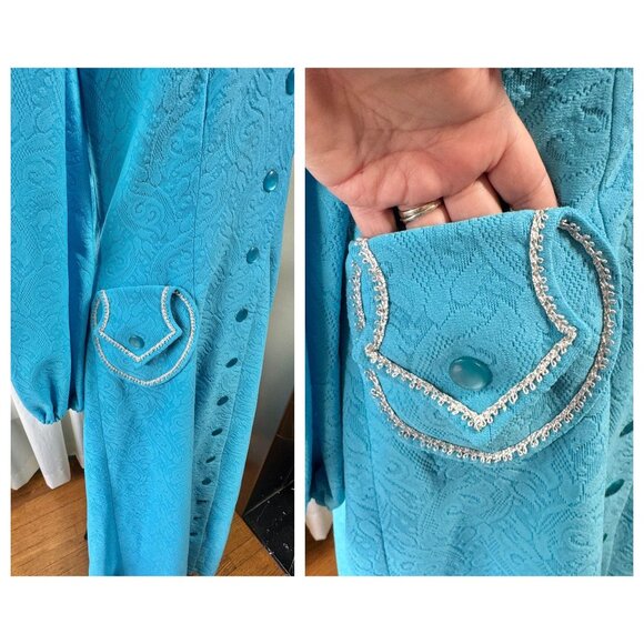 Vintage 1960s dress, turquoise blue, coat-style maxi duster, mandarin collar - Picture 9 of 10